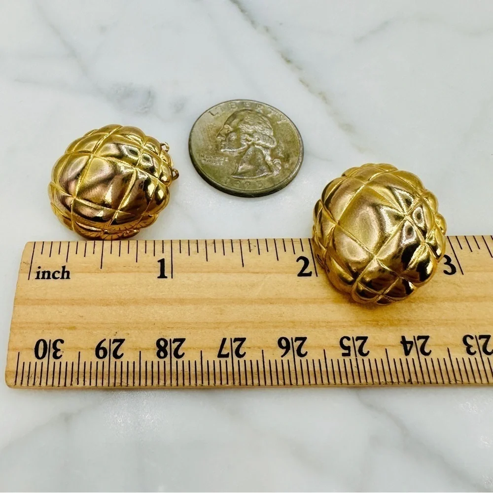 Vintage Gold Quilted Clip On Earrings, 80s Statement Button Jewelry Retro Glam